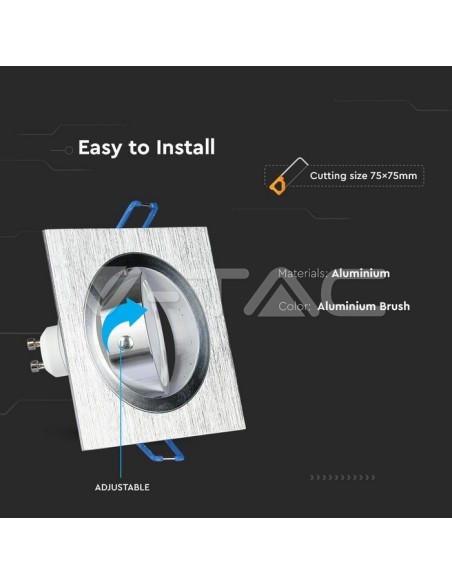 V-TAC VT-782 3606 Square Pivoting Recessed LED Spotlight GU10 in Brushed Aluminium