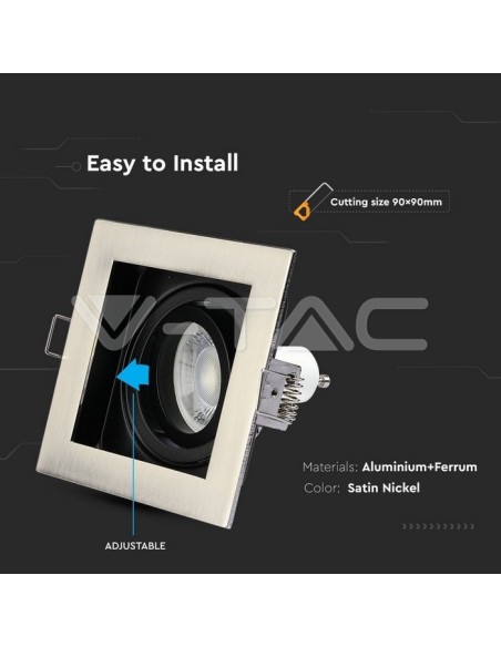 V-TAC VT-781 3598 Square Adjustable Spot encastré à LED GU10 Couleur nickel satiné avec intérieur noir