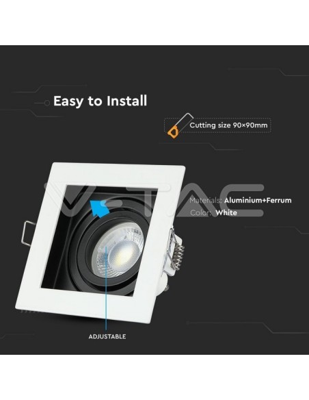 V-TAC VT-781 3597 Square Adjustable Spot encastré à LED GU10 Blanc avec boîtier noir