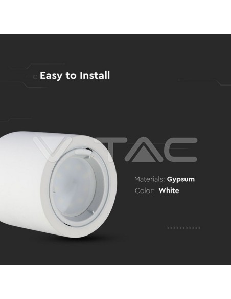 V-TAC VT-716 3667 Surface Mount LED Spotlight Holder Round GU10 Plaster Body White