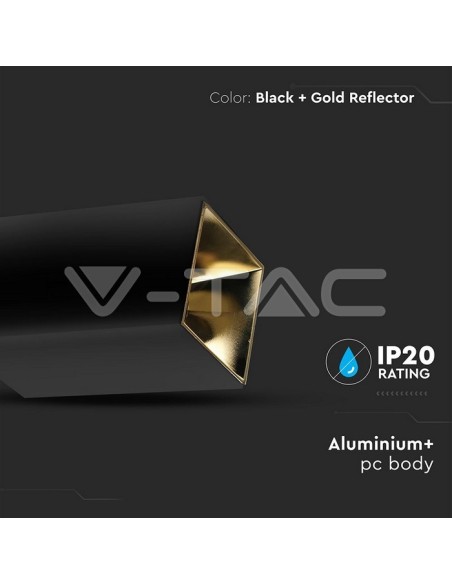 V-TAC VT-882 8956 Soporte de Foco LED de Montaje en Superficie Cuadrado GU10 Cuerpo Negro y Reflector Dorado
