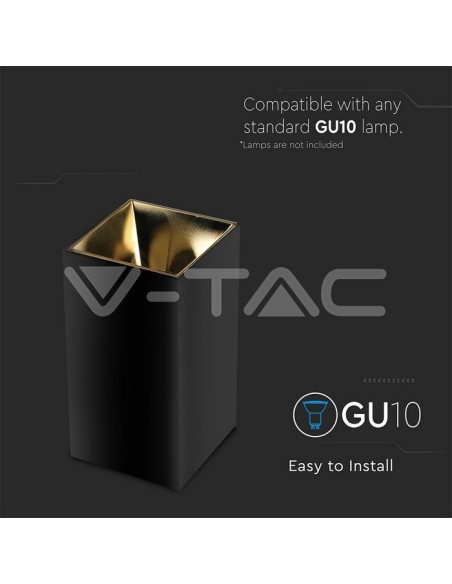 V-TAC VT-882 8956 LED-Aufbaustrahler quadratisch GU10 mit schwarzem Gehäuse und goldenem Reflektor