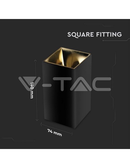 V-TAC VT-882 8956 Surface Mount LED Spotlight Holder Square GU10 Black Body and Gold Reflector