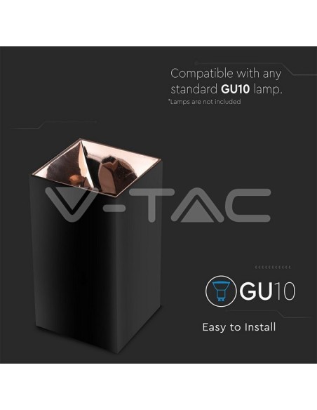 V-TAC VT-882 8993 Surface Mount LED Spotlight Holder Square GU10 Black Body and Rose Gold Reflector