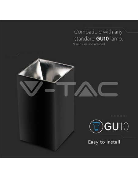 V-TAC VT-882 8994 Support de spot à LED pour montage en surface Square GU10 Corps noir et réflecteur chromé