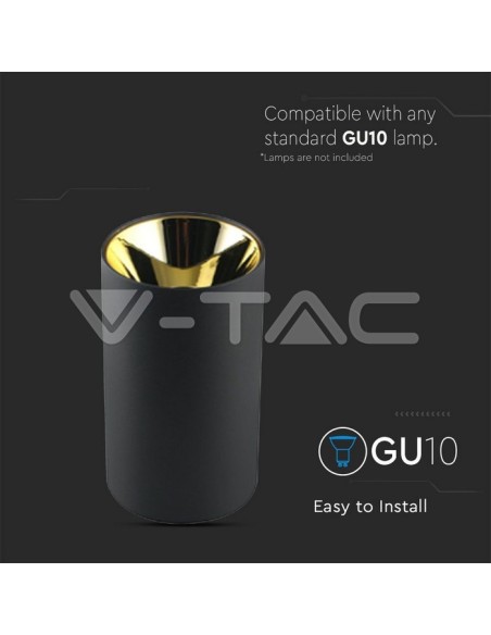 V-TAC VT-882 8996 Surface Mount LED Spotlight Holder Round GU10 Black Body and Gold Reflector