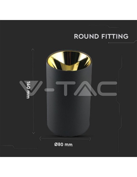 V-TAC VT-882 8996 LED-Aufbaustrahler Rund GU10 Schwarzes Gehäuse und goldener Reflektor