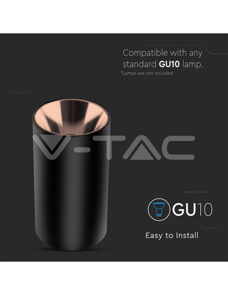 V-TAC VT-882 8997 Aufbaustrahler mit rundem GU10 Gehäuse in Schwarz und Reflektor in Roségold