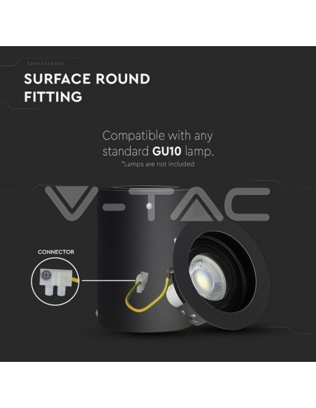 V-TAC VT-796 3628 Soporte para focos LED de montaje en superficie ajustable redondo GU10 Color Negro