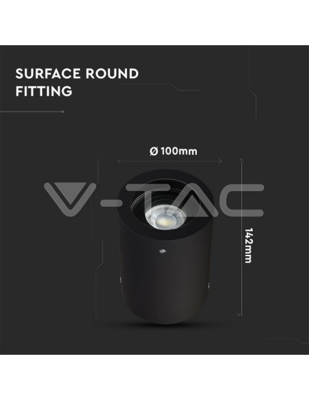V-TAC VT-796 3628 LED-Strahlerhalter Aufputz Verstellbar Rund GU10 Farbe Schwarz