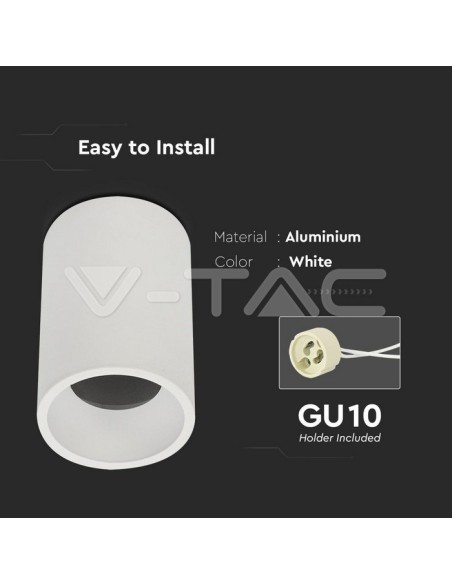 V-TAC VT-802-W 8944 Portalámparas LED de superficie Carcasa redonda GU10 Blanco