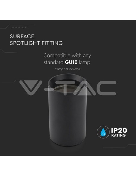 V-TAC VT-807 8949 Soporte de Foco LED de Montaje en Superficie Cuerpo Redondo GU10 Negro (H : 100mm)