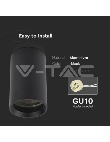 V-TAC VT-807 8949 Surface Mount LED Spotlight Holder Round GU10 Body Black (H : 100mm)