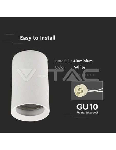 V-TAC VT-807 8948 Opbouw LED Spotlight Houder Rond GU10 Lichaam Wit (H : 100mm)