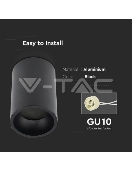 V-TAC VT-802-B 8945 Soporte de Foco LED de Montaje en Superficie Cuerpo Redondo GU10 Negro