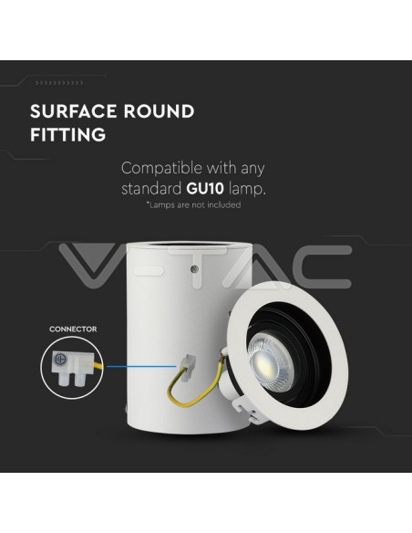 V-TAC VT-796 3627 LED-Strahlerhalter Aufputz Rotunde GU10 Farbe Weiß