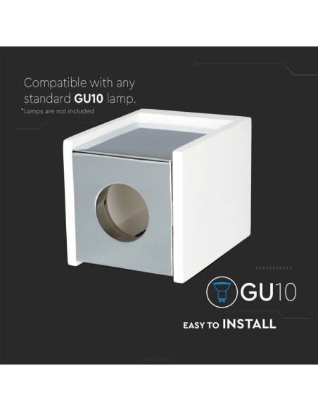 V-TAC VT-860 3116 Soporte de Foco LED Cuadrado de Superficie GU10 Cuerpo de Yeso Blanco y Acabado Metálico Cromado