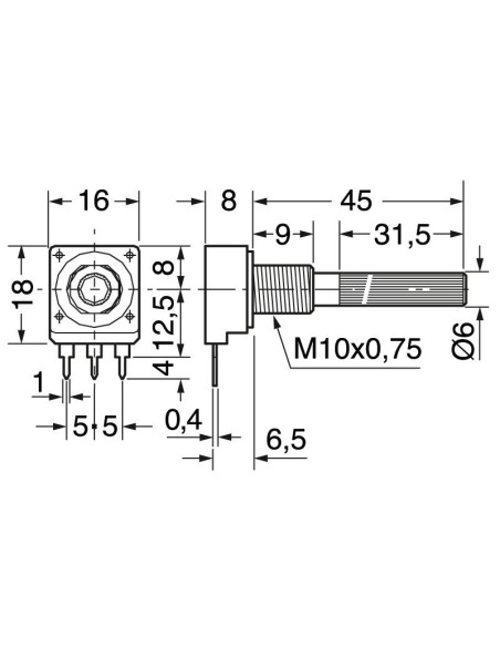 Potentiomètre à couche de carbone 1/4W 22 kohm à variation logarithmique