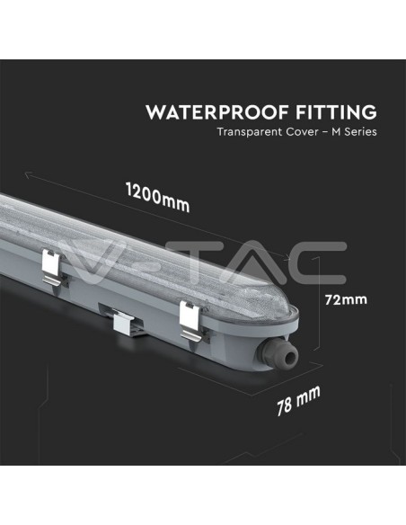 V-TAC PRO VT-120136-T Plafonnier LED à puce Samsung étanche Série M 1200mm 36W 120LM/W Transparent IP65