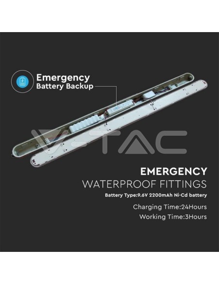 V-TAC PRO VT-120136E Samsung Chip LED Ceiling Light Waterproof 36W M-Series 1200mm 120LM/W with Emergency Battery Satin Cover