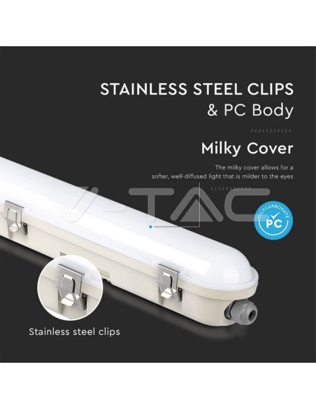 V-TAC PRO VT-120136E Samsung Chip LED Ceiling Light Waterproof 36W M-Series 1200mm 120LM/W with Emergency Battery Satin Cover