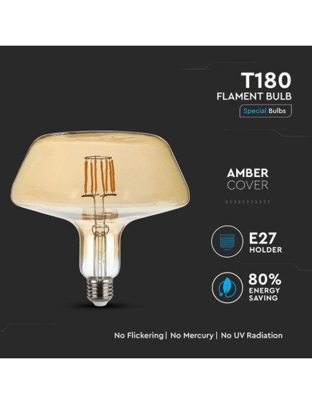 V-TAC VT-2308 212790 LED-Glühbirne E27 8W T180 Glühfaden Amber 2200K