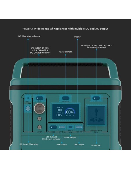 Portable power station 500W with 568Wh lithium battery, rechargeable with power supply and solar panel - V-TAC VT-606 11442