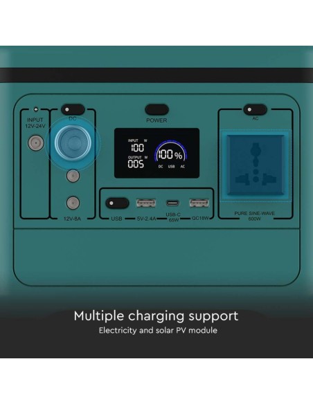 Power station portatile 500W con batteria al litio 568Wh, ricaricabile con alimentatore e pannello solare, - V-TAC VT-606 11442