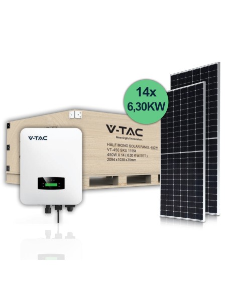6kW fotovoltaïsche kit met enkelfasige hybride omvormer (11514) en 14 monokristallijne 450W zonnepanelen (11353) - V-TAC 100156