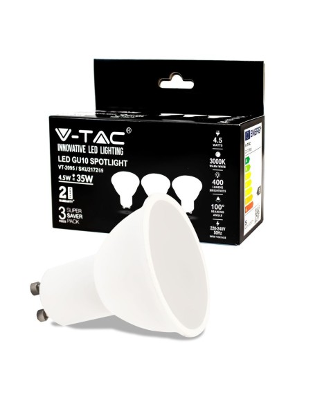 V-TAC VT-2095 Confezione da 3 faretti LED GU10 4,5W 100° Copertura Satinata