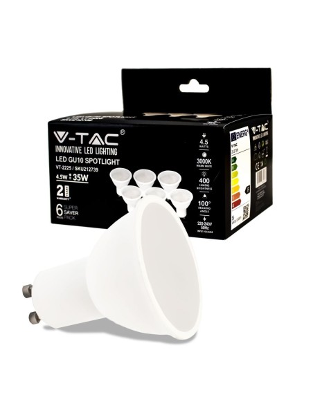 V-TAC VT-2225 Pack de 6 spots LED GU10 4.5W 100° Satin Cover