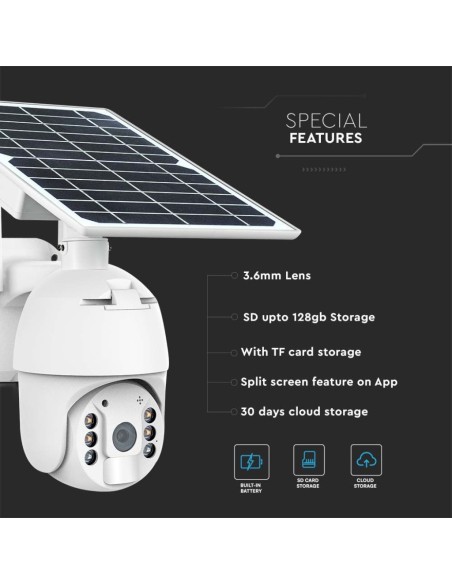 PTZ Kamera mit Solarpanel, 4G, 2.0 MPx, Bewegungssensor, Mikrofon und Lautsprecher, weiß - V-TAC VT-11024-4G 11616
