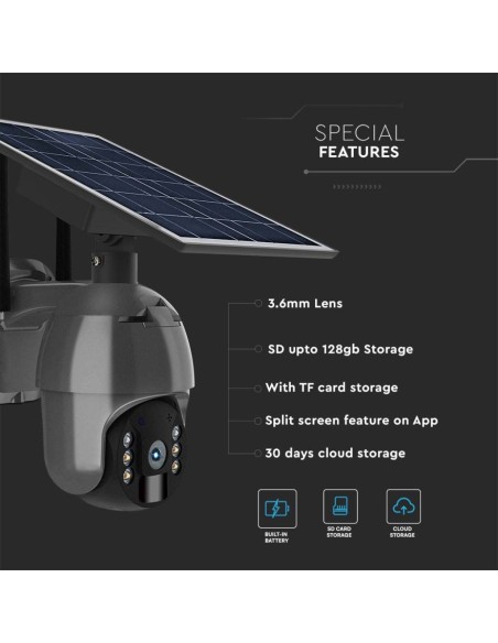 PTZ-camera met zonnepaneel, WiFi, 2,0 MPx, bewegingssensor, microfoon en luidspreker, zwart - V-TAC VT-11024-WIFI 11617