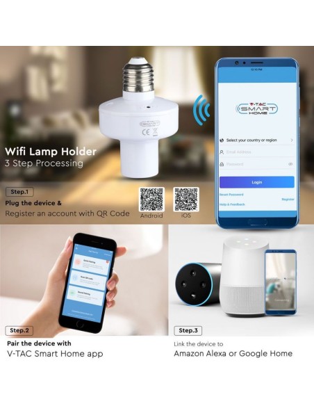 E27 (max 20W) WiFi lamp holder, compatible with Google Home and Amazon Alexa, white - V-TAC Smart Home VT-5007 8421