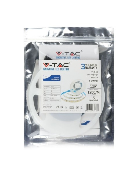 Ledstrip 12V, Samsung chips, SMD2835, 12W/m, 120 leds/m, IP20, breedte 10mm - V-TAC PRO VT-5-120
