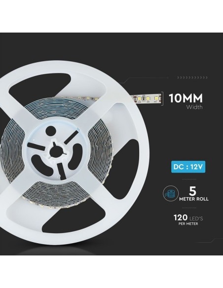 Ledstrip 12V, Samsung chips, SMD2835, 12W/m, 120 leds/m, IP20, breedte 10mm - V-TAC PRO VT-5-120