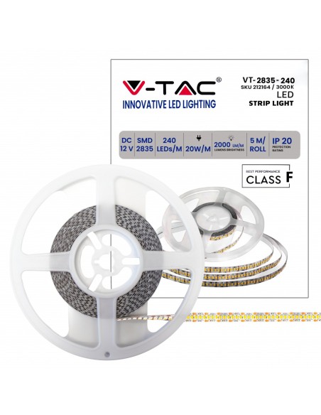 Led strip 12V, SMD2835, 20W/m, 240 leds/m, IP20, width 10mm - V-TAC VT-2835