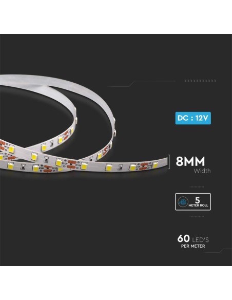 Led strip 12V, SMD4040, 8W/m, 60 leds/m, IP20, width 8mm - V-TAC VT-4040