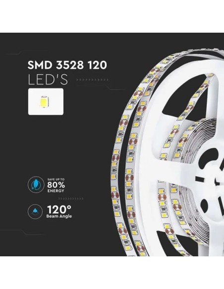 Strip led 12V, SMD3528, 8W/m, 120 led/m, IP20, larghezza 8mm - V-TAC VT-3528