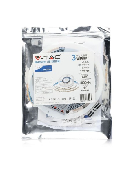 Bande LED 24V, puce Samsung, SMD2835, 15W/m, 240 leds/m, IP20, largeur 10mm - V-TAC PRO VT-2835