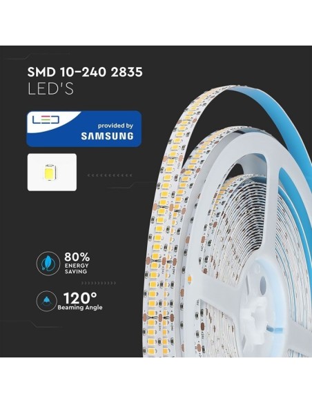 Bande LED 24V, puce Samsung, SMD2835, 18W/m, 240 leds/m, IP20, largeur 10mm, CRI95 - V-TAC PRO VT-10-240