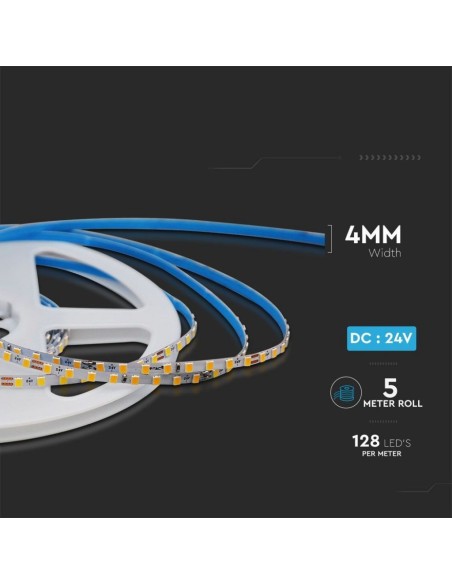 Bande LED 24V, SMD2835, 9W/m, 128 leds/m, IP20, largeur 4mm - V-TAC VT-2835