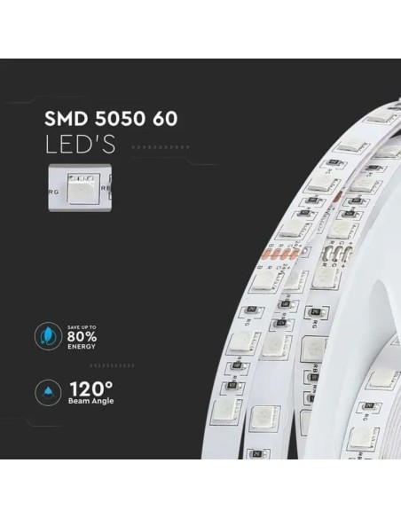 Bande LED 24V, SMD5050, 10W/m, 60 leds/m, IP20, largeur 10mm - V-TAC VT-5050