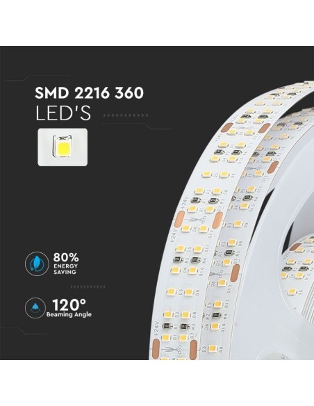 Tira LED 24V, SMD2216, 30W/m, 360 leds/m, IP20, ancho 14mm, CRI95 - V-TAC VT-2216