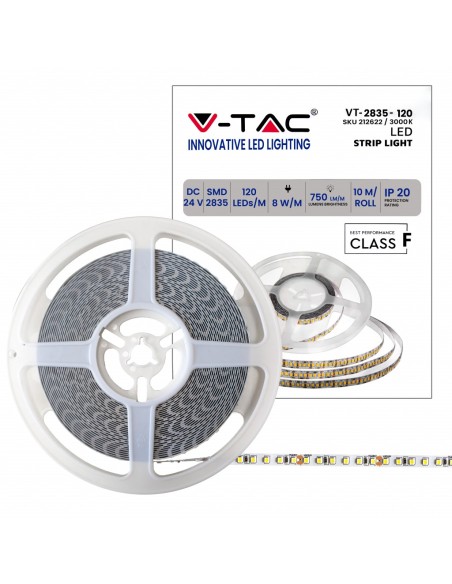 Bande LED 24V, SMD2835, 8W/m, 120 leds/m, IP20, largeur 8mm - V-TAC VT-2835