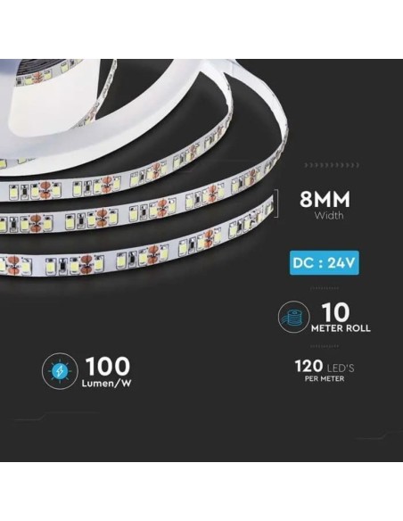 Bande LED 24V, SMD2835, 8W/m, 120 leds/m, IP20, largeur 8mm - V-TAC VT-2835
