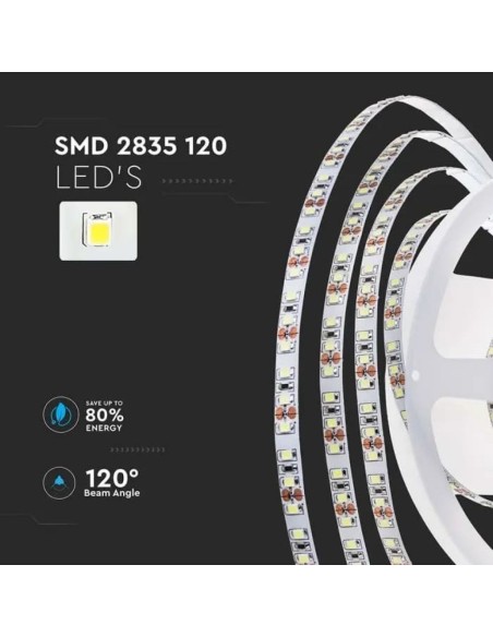 Tira LED 24V, SMD2835, 8W/m, 120 leds/m, IP20, ancho 8mm - V-TAC VT-2835