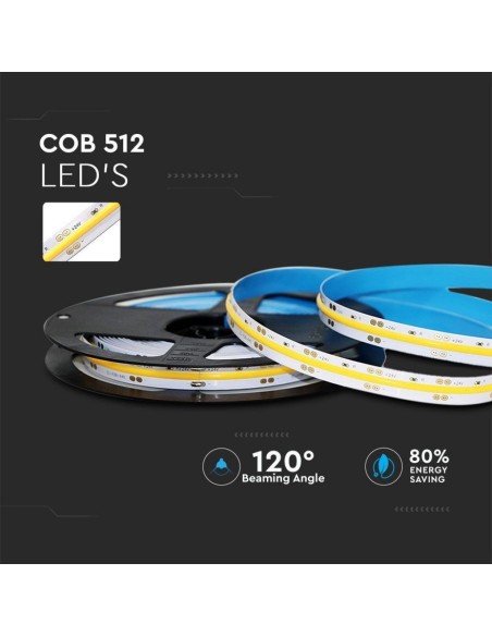 Striscia LED 24V, COB, 13W/m, 512 led/m, IP20, larghezza 10mm - V-TAC VT-COB 512
