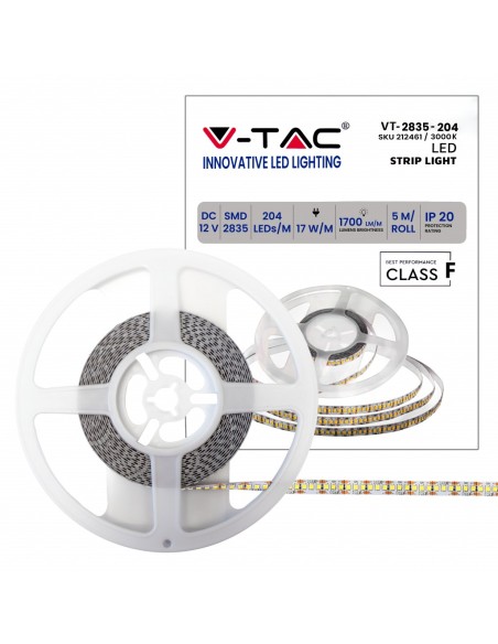 Led strip 12V, SMD2835, 17W/m, 204 leds/m, IP20, width 10mm - V-TAC VT-2835