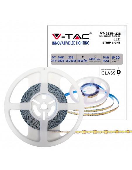 Tira LED 24V, SMD2835, 18W/m, 238 leds/m, IP20, ancho 10mm - V-TAC VT-2835